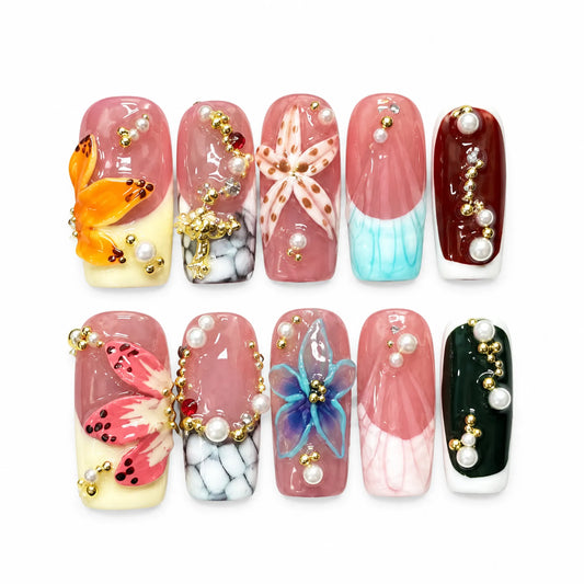 Prism Garden Opulence NM-A014 Medium Coffin nail set with colorful 3D flowers pearls and marble art