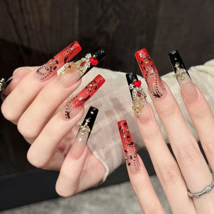 Red Ink Floral square nails angled view showing vintage romantic design and dramatic gradient art 🌹