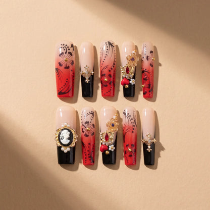 Red Ink Floral 10-piece handmade press-on nail set with gradient and floral designs - product flat lay 🌹