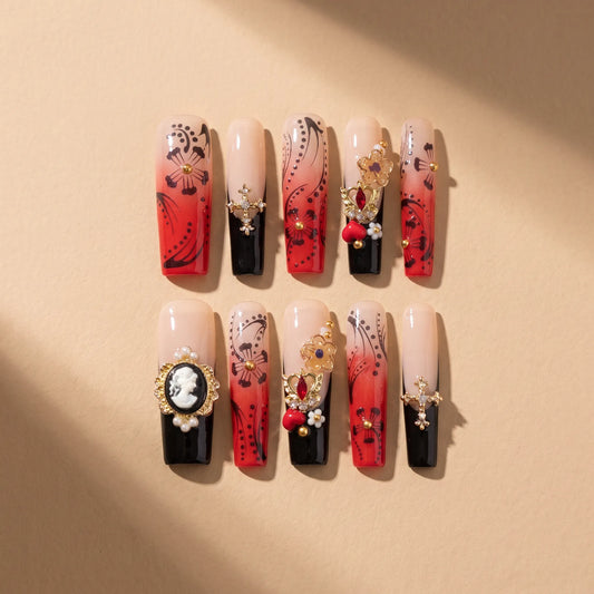 Red Ink Floral 10-piece handmade press-on nail set with gradient and floral designs - product flat lay 🌹