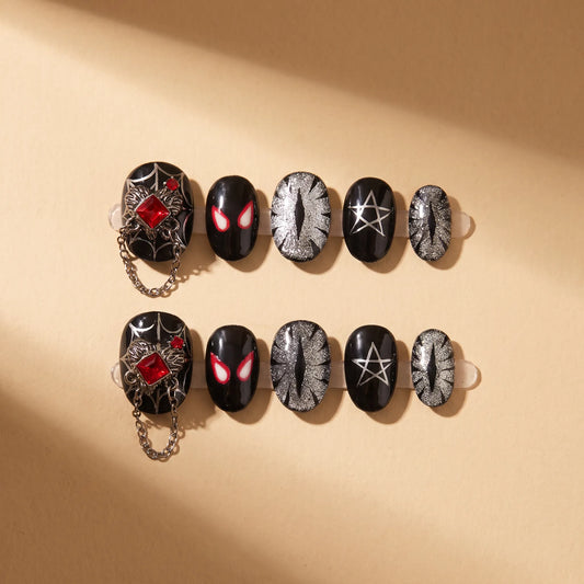 Red Spider Night 10-piece handmade press-on nail set with spider web, chains, and gothic designs - product flat lay 🕷️