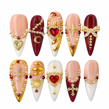 Sacred Garnet Heart NM-A026 Long Stiletto press-on nail set with red hearts crosses pearls and gold charms