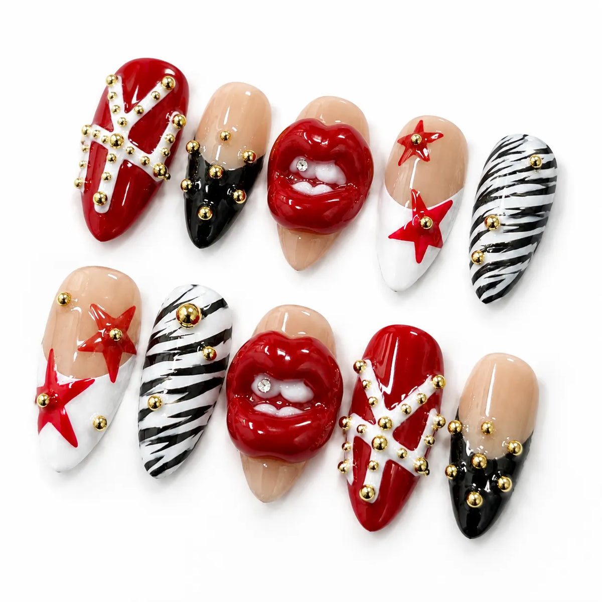 Angled view of red nude black and white Medium Almond nails with lips and graphic art