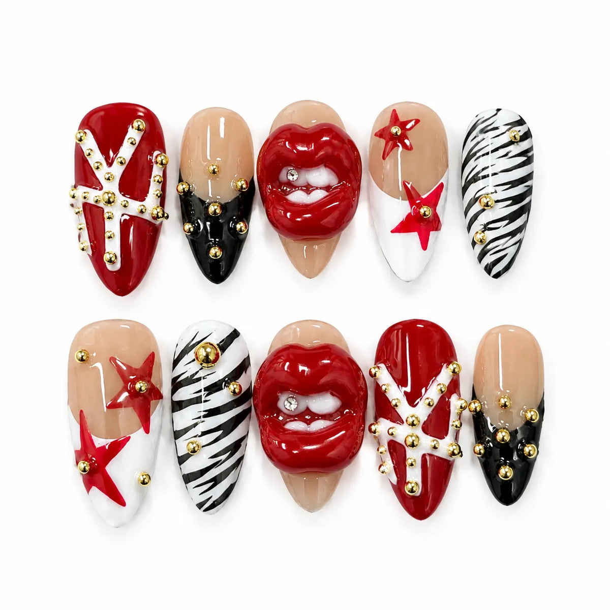 Scarlet Kiss Rebel NM-C090 Medium Almond nail set with 3D red lips zebra stripes stars and gold studs