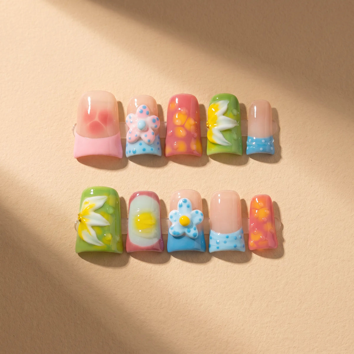 Sweet Fruit Garden 10-piece handmade press-on nail set with 3D fruit and flower designs - product flat lay