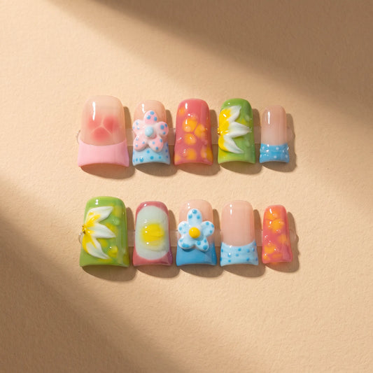 Sweet Fruit Garden 10-piece handmade press-on nail set with 3D fruit and flower designs - product flat lay