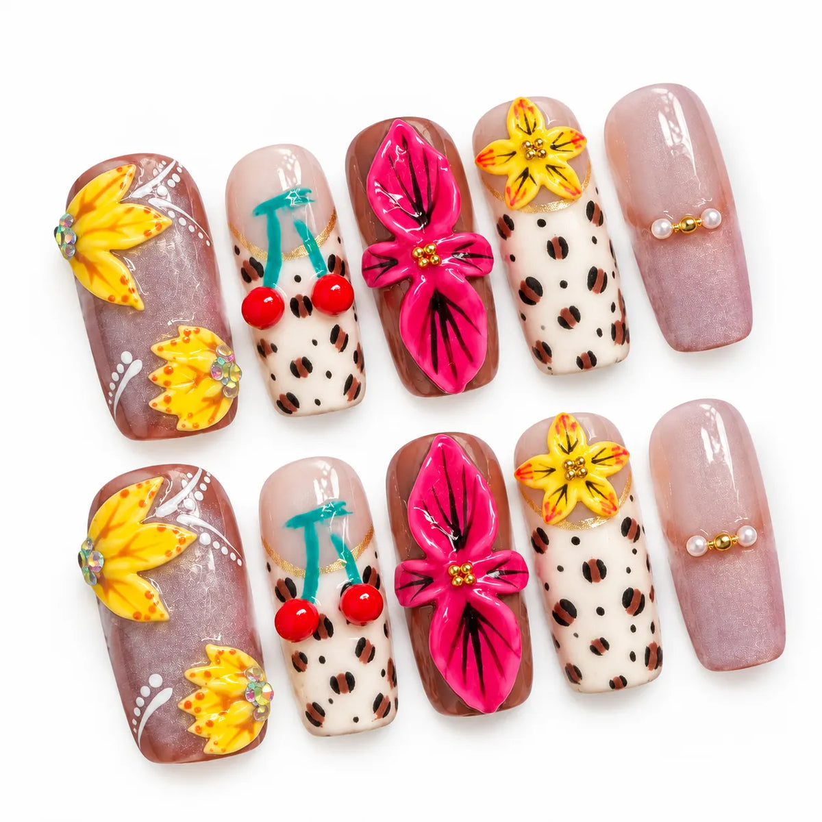 Angled view of pink yellow and mauve Long Coffin nails with leopard spots 3D flowers cherries and pearls