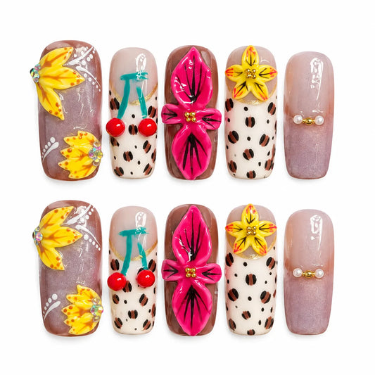 Tropic Feline Bloom NM-A043 Long Coffin press-on nail set with leopard print tropical flowers and cherries