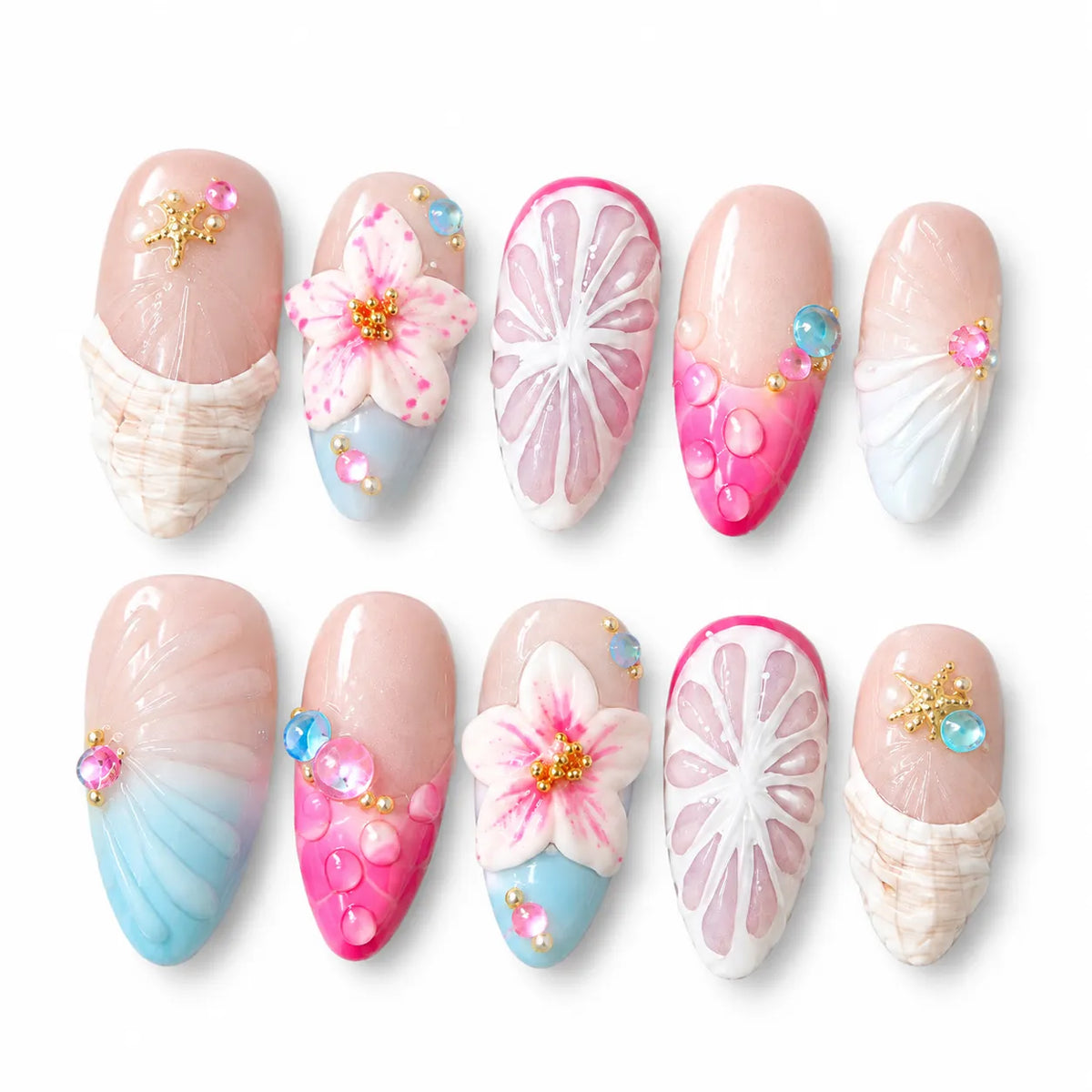 Angled view of nude pink and blue Medium Almond nails with sculpted tropical flower and shell textures
