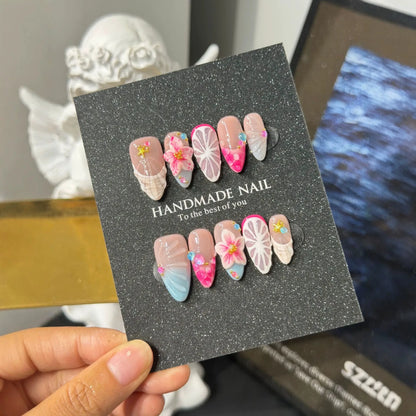 Additional lifestyle view of Tropical Shell Blossom fruit party Medium Almond nails