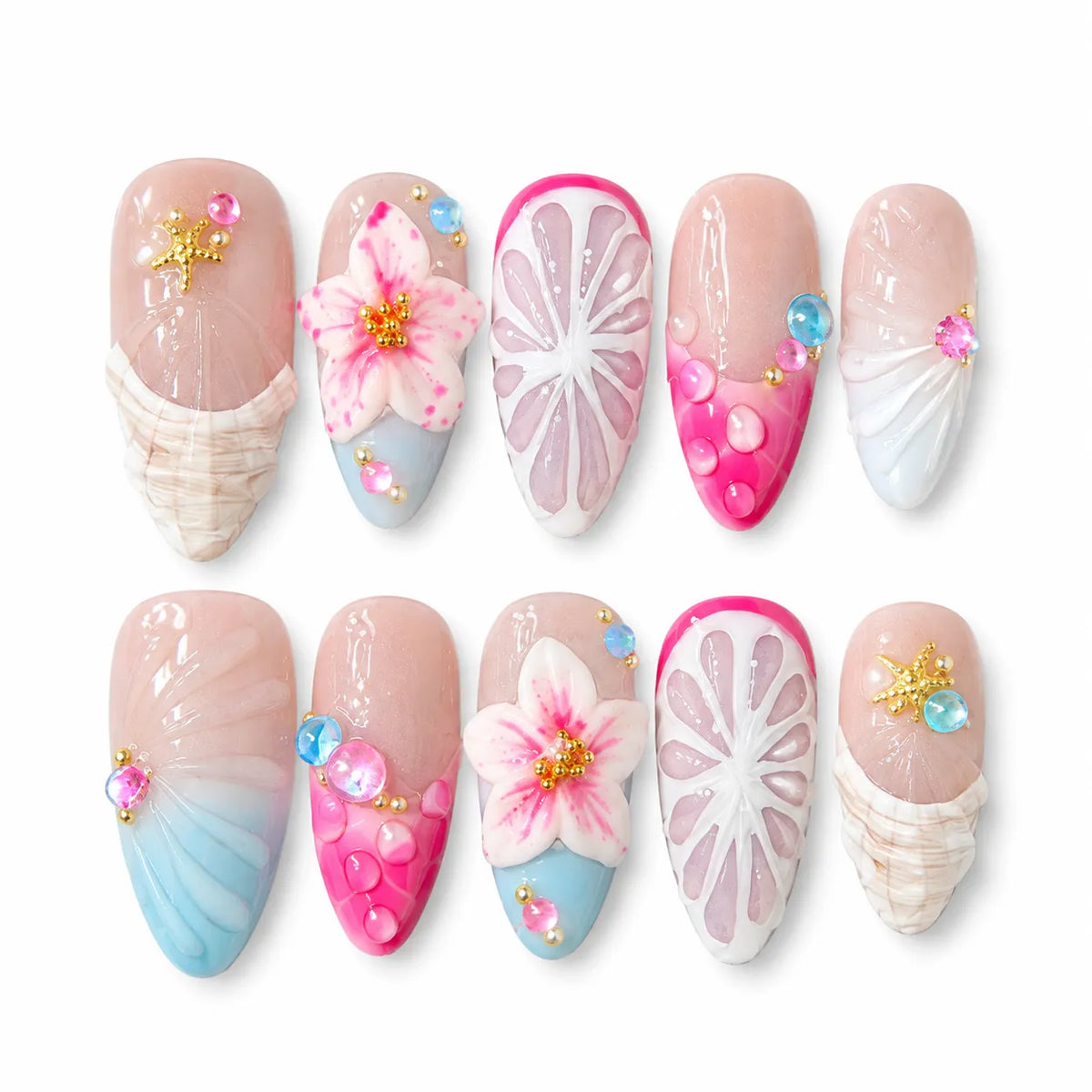 Tropical Shell Blossom NM-C157 Medium Almond nail set with pink blue flowers shells and starfish