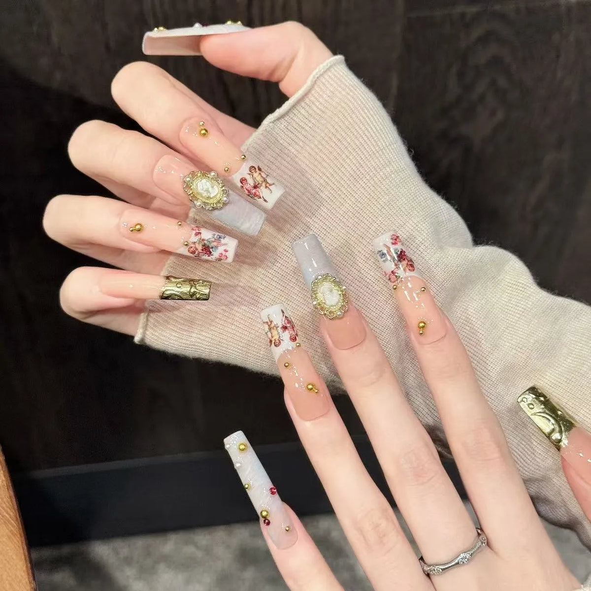 Van Gogh Angel square nails angled view showing vintage oil painting art and gold pearl luxury details 🌸