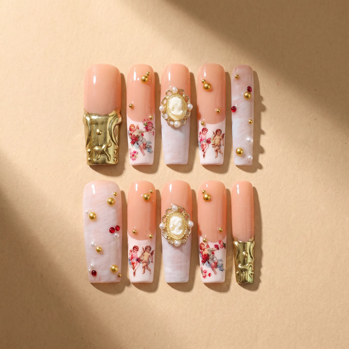 Van Gogh Angel 10-piece handmade press-on nail set with vintage oil painting and baroque designs - product flat lay 🎨