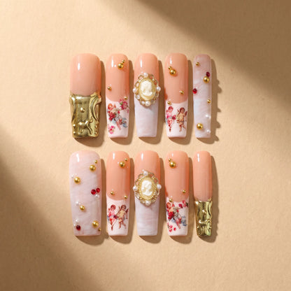 Van Gogh Angel 10-piece handmade press-on nail set with vintage oil painting and baroque designs - product flat lay 🎨